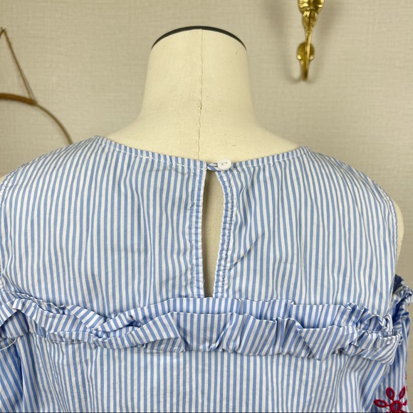 Cupio Women Cold Shoulder Cut Ruffle Trim Blue Stripe Cotton Dress size Medium - Picture 5 of 13